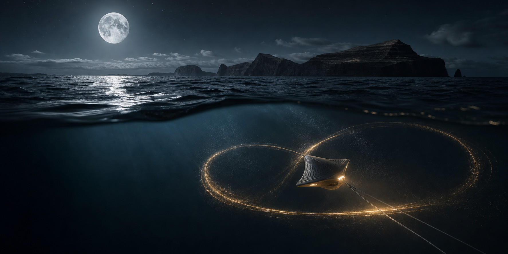 Oceano notturno sotto la Luna e dispositivo mareomotrice che disegna una traiettoria a otto sott'acqua