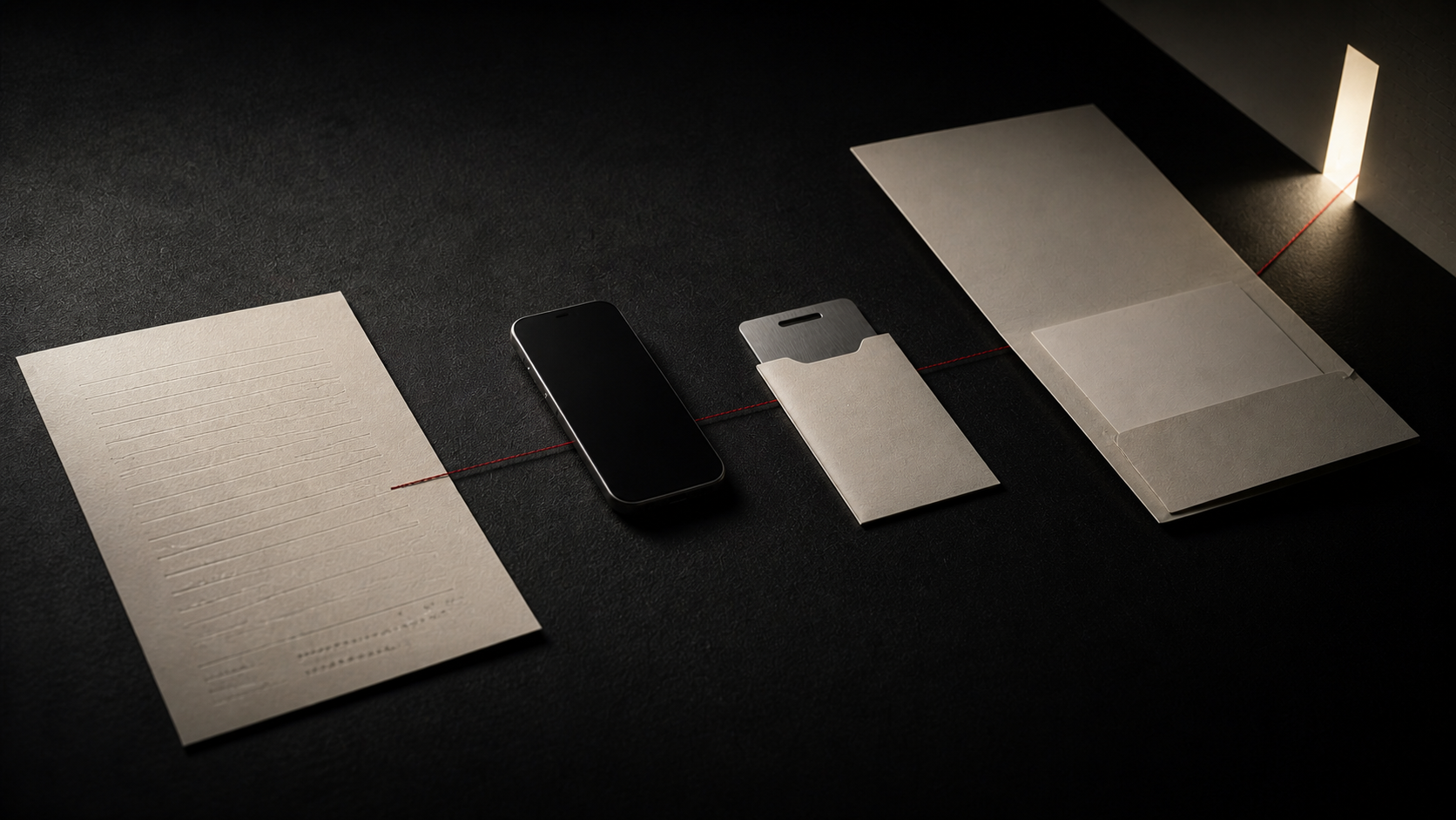 Documento, smartphone, chiave-card e fascicolo collegati da una sottile linea rossa che termina in una soglia luminosa