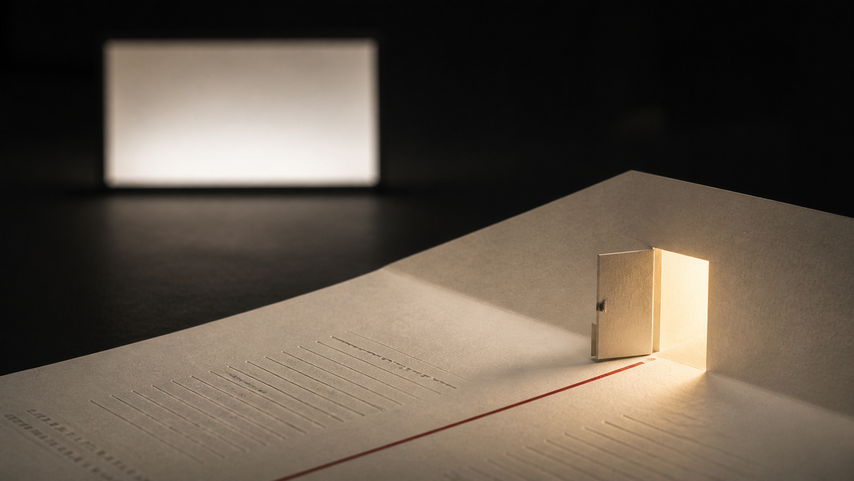 Lightbox pubblicitario vuoto e sfocato sullo sfondo mentre una linea rossa attraversa un contratto e conduce a una porta luminosa